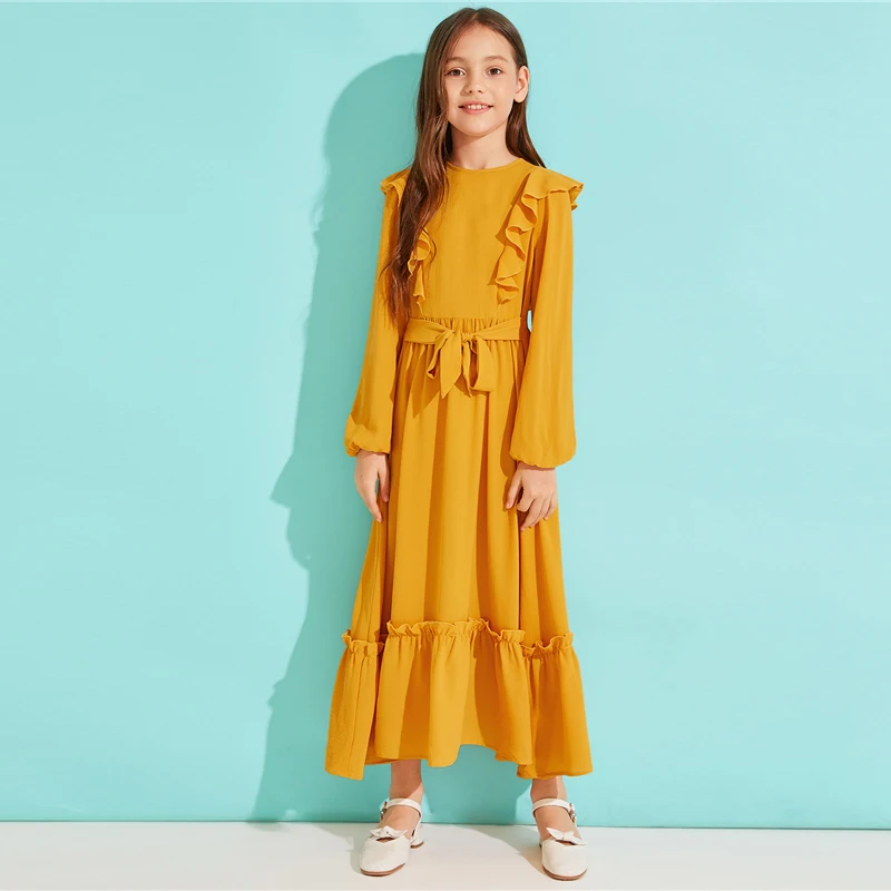 SHEIN Kiddie/однотонное платье с оборками на подоле для девочек с поясом; коллекция года; сезон осень; милые детские макси платья с высокой талией на молнии сзади