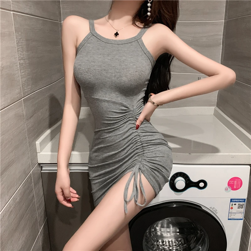 

2023 Summer New Women Halter Dress Drawstring Winkled Bodycon Short Dress Sleeveless Sexy Club Dress Vestidos