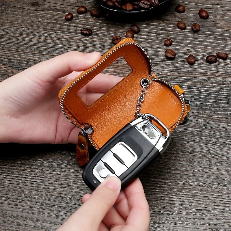 

Brown Coffee Retro General Genuine Leather Car Key Case Cover Keychains Holder Bag Keyring Set Zipper Top Layer Cowhide Shell