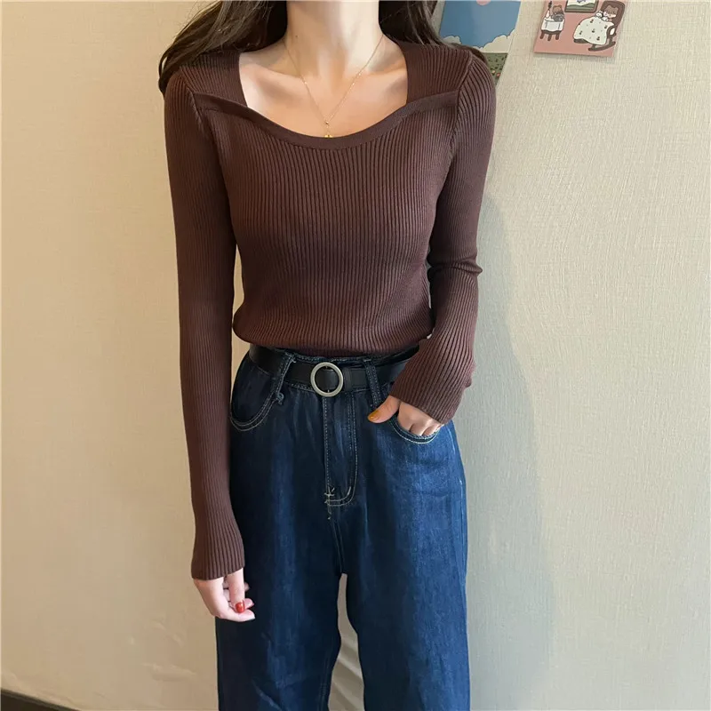 

INS New 2021 Spring Women Spring Fall Square Shawl Neckline Knitted Pull Sexy Sweater Shoulder Off Top Femme Pullover Clothes