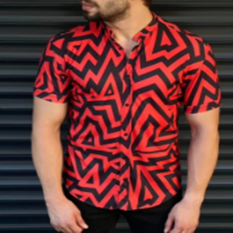 

Мужская рубашка в этическом стиле, однобортная свободная Гавайская Повседневная рубашка с красным принтом и короткими рукавами, лето 2021