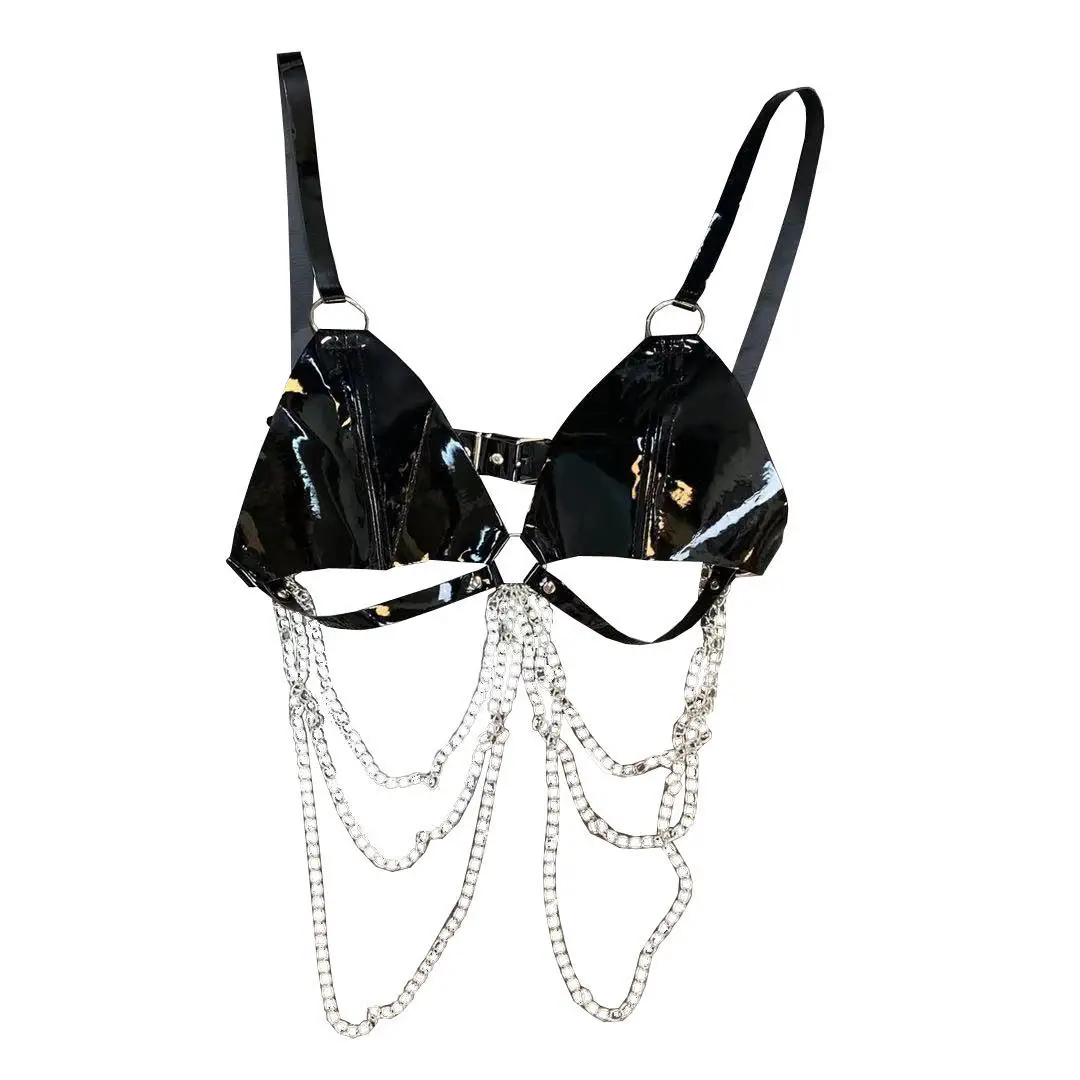 2021 Spring/Summer Shoulder Strap Bright Pu Multi-Chain Personality Leather Bra Woman Sexy Tops Lady Night Club Fit