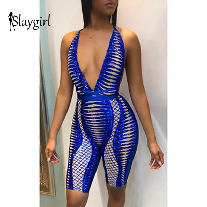 Синий Slaygirl, сексуальный Облегающий комбинезон с блестками, открытая спина, глубокий v-образный вырез, боди, летний повседневный комбинезон, женские комбинезоны, мода, комбинезоны - Цвет: Синий