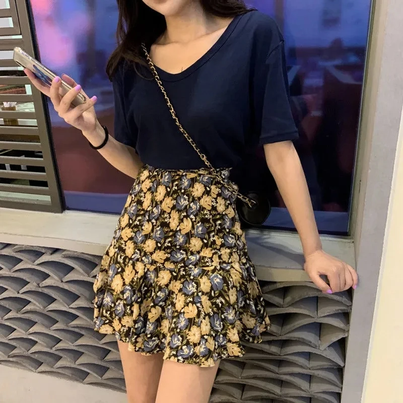 

Summer Mini Tulle Skirt Women Floral Flowers Korean Fashion Skirts Pleated Lolita Vintage Woman clothes size punk Chiffon A-line