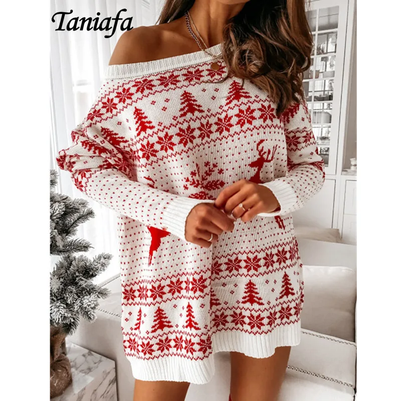 

Рождественское платье-свитер, осенне-зимний вязаный Повседневный пуловер с длинным рукавом и открытыми плечами, толстовки оверсайз 2021