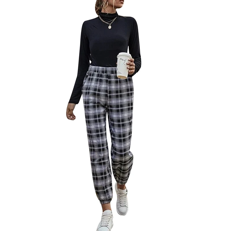 

Women Casual Plaid Pants Elastic Waist Color Block Ankle Length Sweatpants Sport Long Pants plus size loose capris