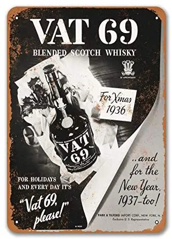 

1936 Vat 69 Scotch Whiskey Sign, Sisoso Retro Metal Sings Wall Vintage Tin Signs for Beer Pub Kitchen BBQ Bakery 8x12 Inch