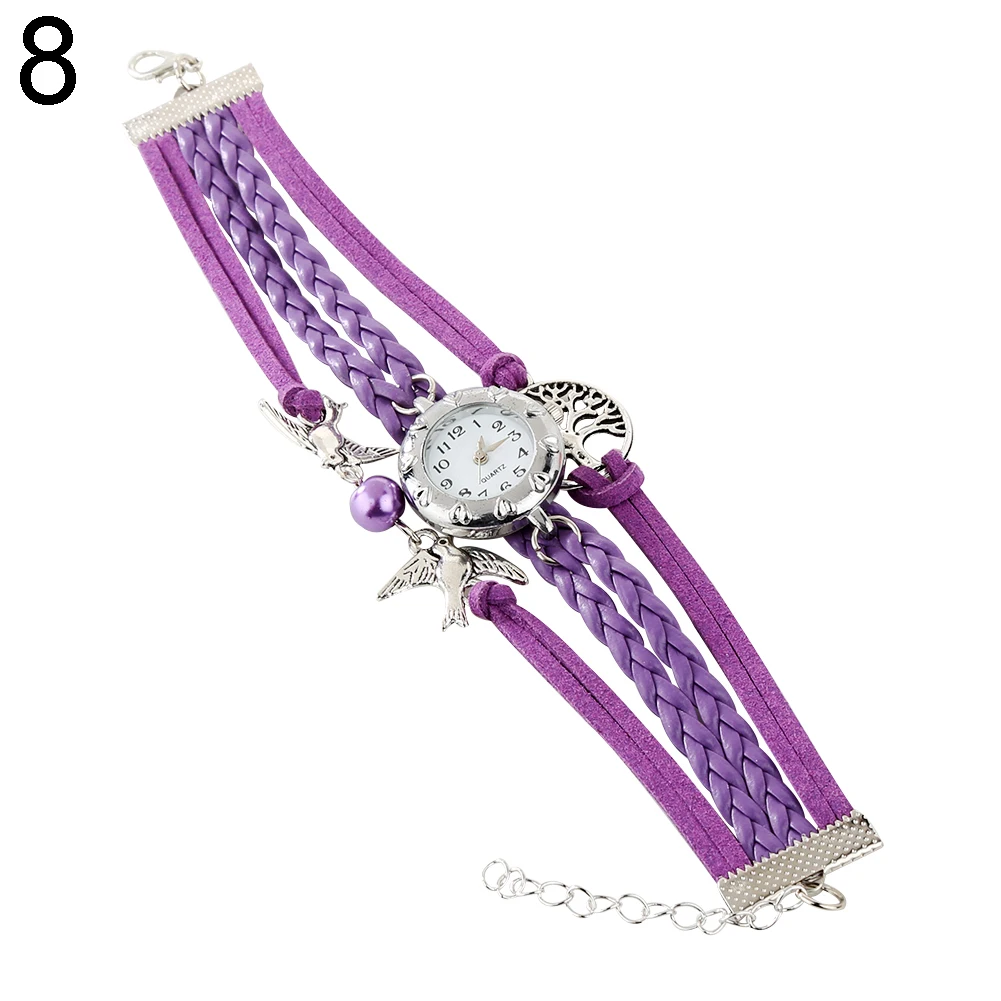 purple Новые модные часы женские кварцевые часы пустое Дерево жизни птицы бусины Шарм Многослойные ретро плетеный браслет наручные часы для подарков - Цвет: purple