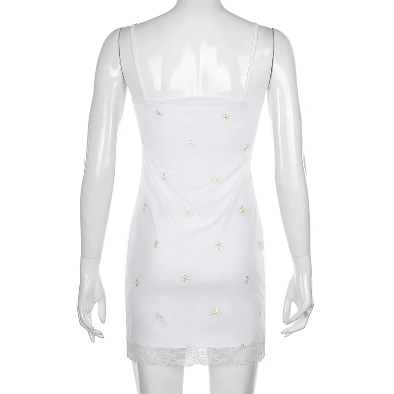 

Darlingaga Strap V Neck Floral Print White Dress Mini Fashion Lace Patchwork Sleeveless Sexy Dresses Side Split Sundress Clothes
