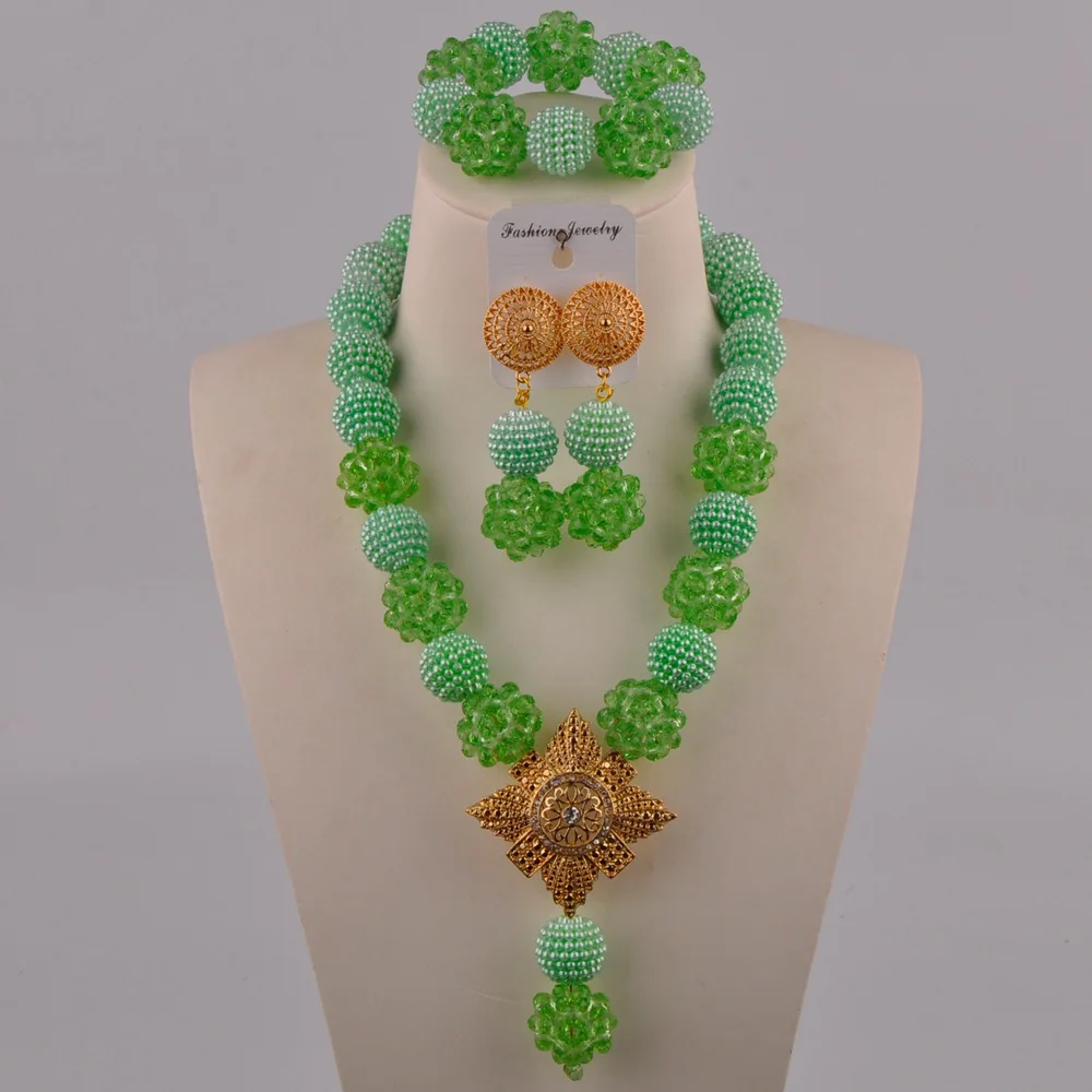 

African Lady Engagement Banquet Pale green Imitation Pearl Beaded Jewelry Nigeria Wedding Bride Wedding Jewelry Set XX-103