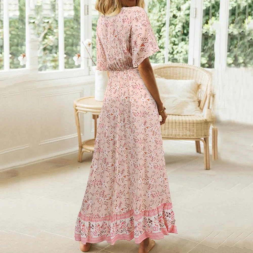 

Bohemian Ladies Dresses Spring Summer Fashion Loose Casual Simple Elegant Vacation Printing V-neck Summer