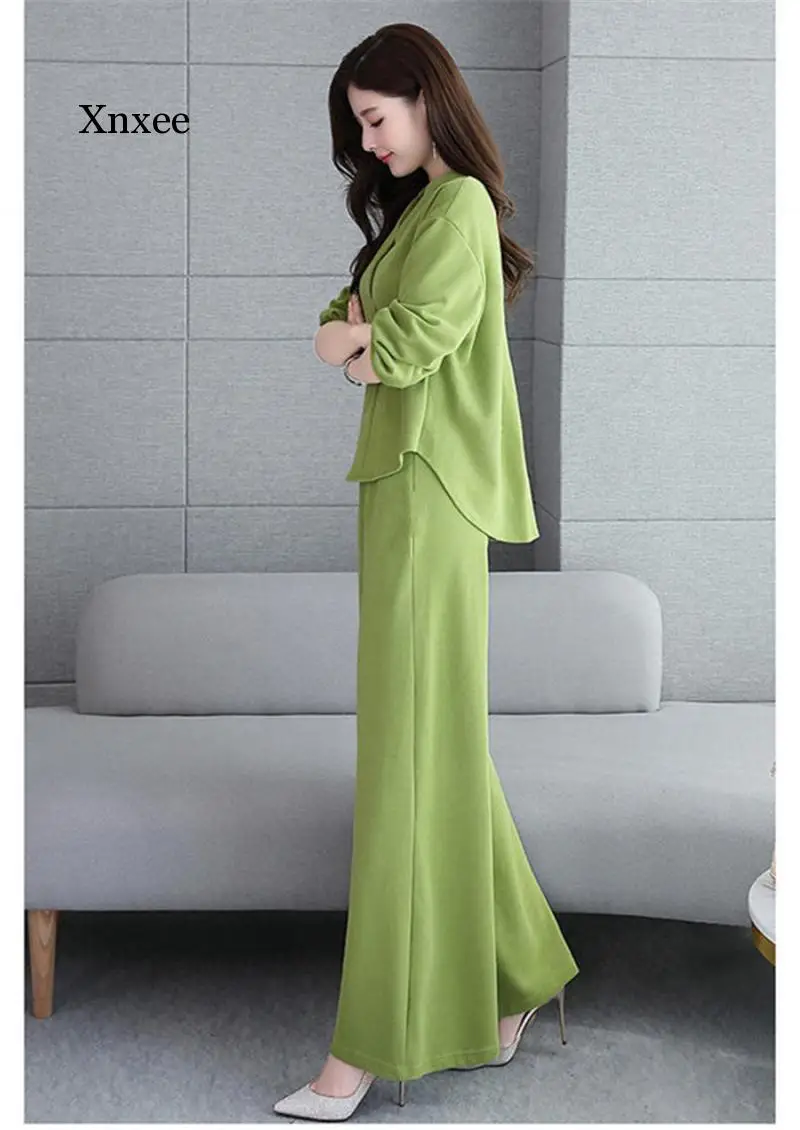 

Set Female 2020 Spring New Casual Solid Suit Top + High Waist Wide Leg Pants Elegant Two-Piece Suit