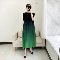 miyake pleated womens dress summer new fashion loose large size printing gradient color short sleeved mid length skirt women