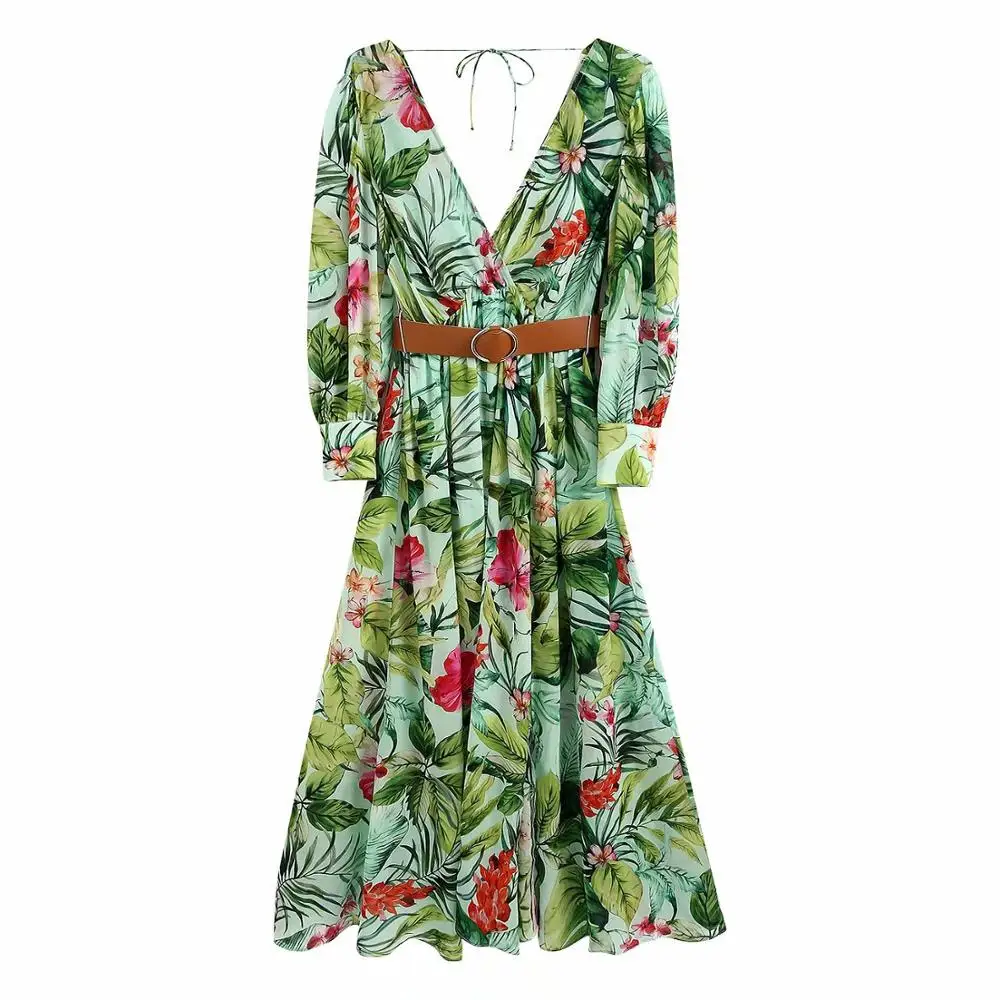 Женское Макси-платье с поясом и v-образным вырезом Элегантное повседневное