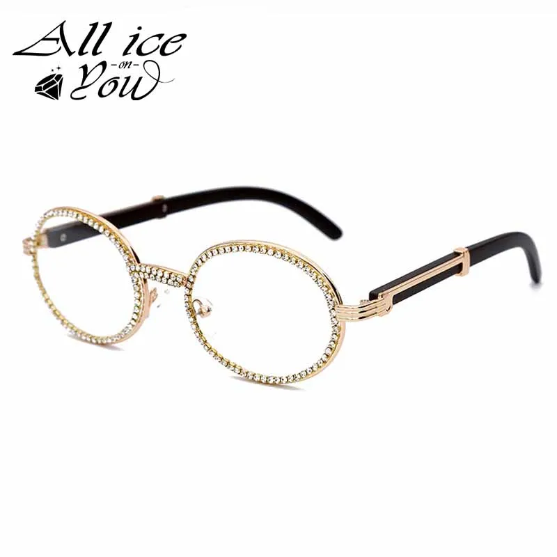 

ALLICEONEYOU Vintage Round Iced Out Hip Hop Sunglasses Men New Luxury Women Oval Crystal Wood Punk Glasses Fashion Eyewear