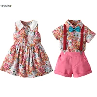 fashion baby kids clothing sets short sleeve bowtie shirtsuspender shorts princess dress brother and sister matching outfits