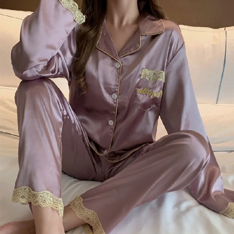 Women's Pajamas Sets Spring/autumn Long-sleeved Ice Silk Thin Lace Cardigan Trousers Home Service Clothes pyjama pour femme