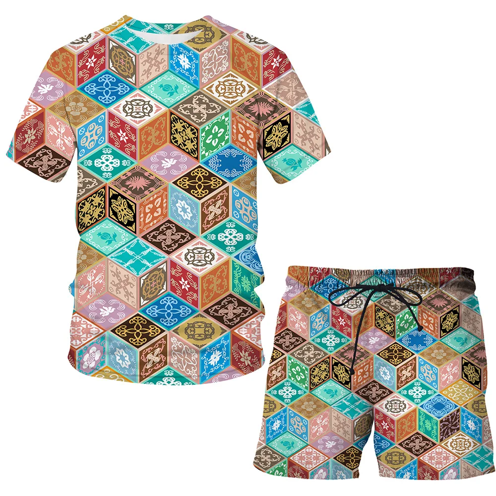 

2021 Fashion Short Sleeve Summer Men Sets Classic Red check Printing T-Shirt + Shorts Suit Casual Wild Sportswear Men clothing