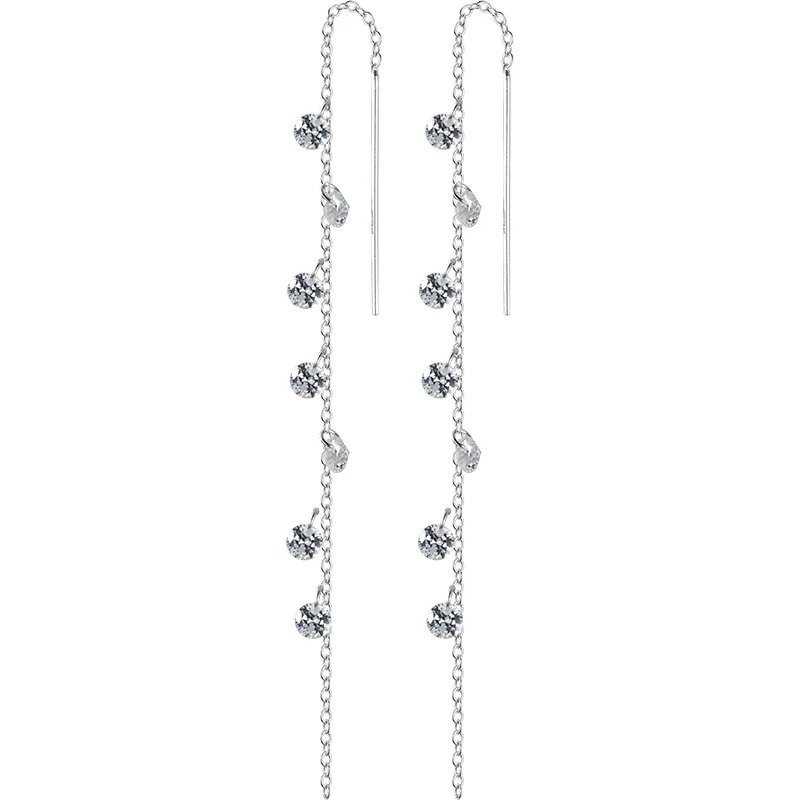 

100% 925 Sterling Silver Color Tassel Clear Crystal Long Chain Dangle Earrings Fashion Jewelry For Women Girls Lady Gift E9921