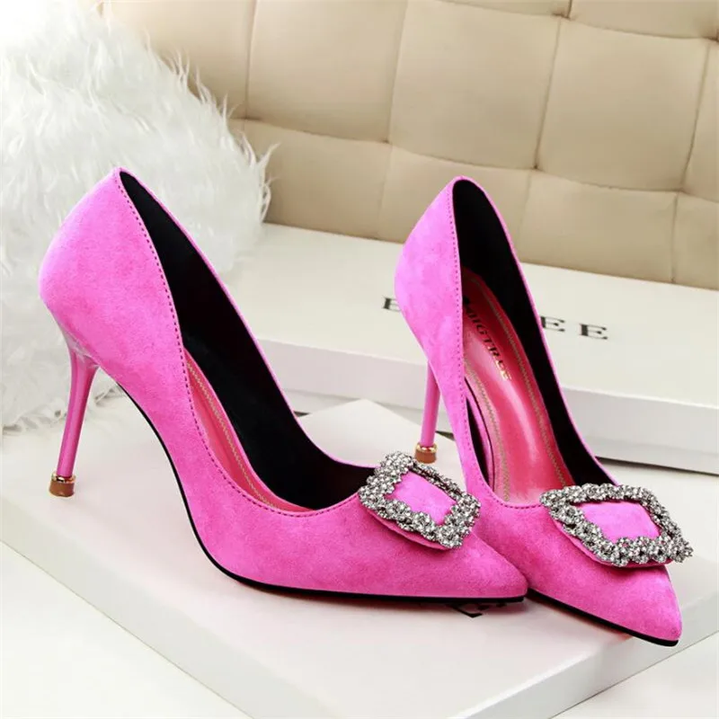 

Temperament women's shoes stiletto high-heeled shallow mouth suede slim pedicure tip buckle rhinestone single shoes