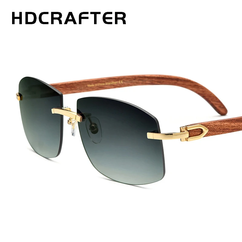 

HDCRAFTER Vintage Wood-Gold Rimless Sunglasses Men Women Gradient Grey Luxury Eyeglasses Sun Glasses Oculos De Sol Las Gafas