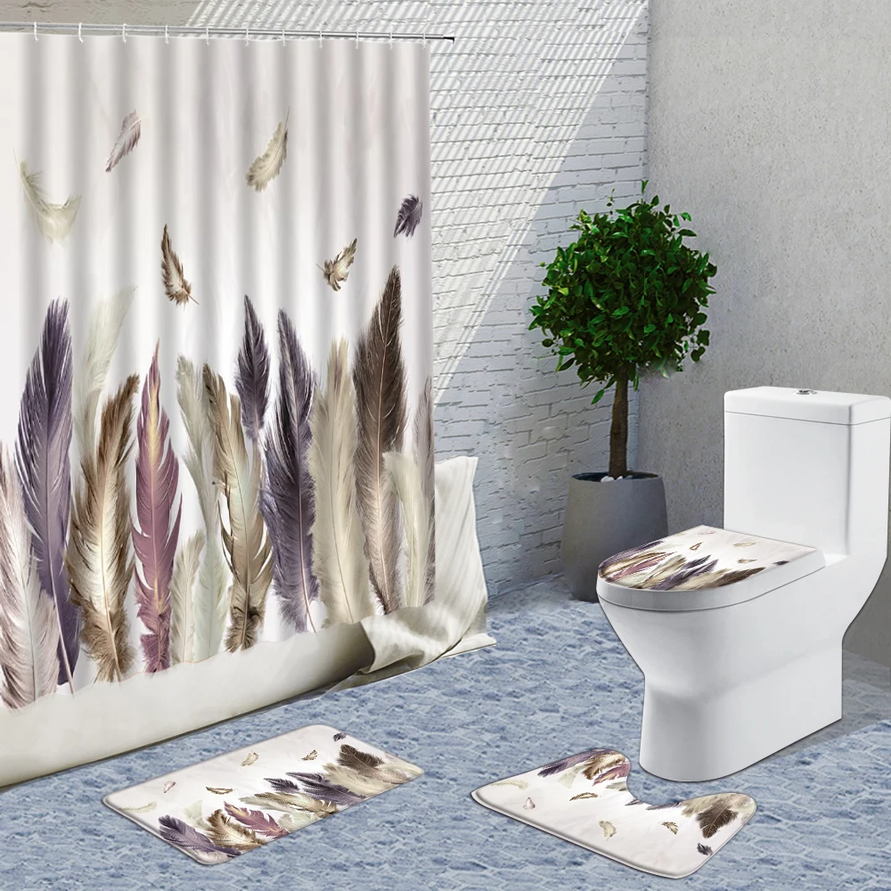 

Colorful Feather Printing Bath Mat Flannel Shower Curtain Set Bathroom Carpet Rug U-Shaped Toilet Rug Anti slip Floor Carpet Set