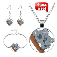 cute koala art photo jewelry set cabochon glass pendant necklace earring bracelet totally 4 pcs for womens girl fashion gifts