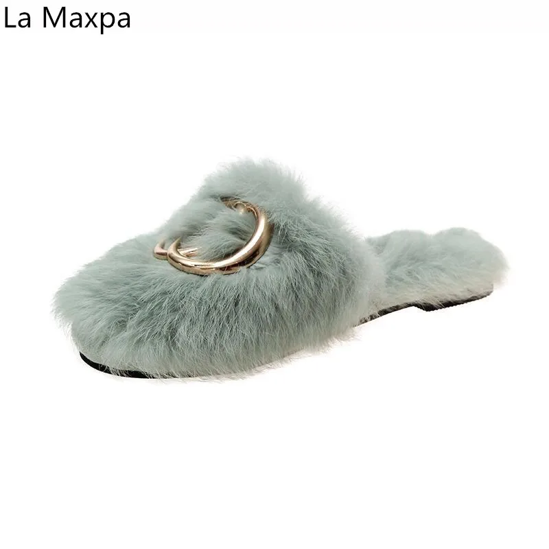 

Winter Women House Slippers Faux Fur Fashion Warm Shoes Woman Slip on Flats Female Slides Black Pink cozy home furry slippers