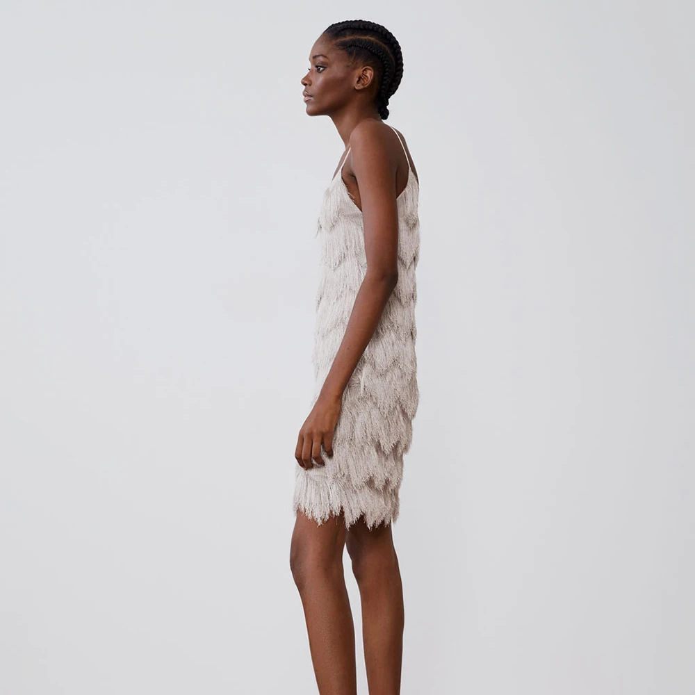 2019 осеннее женское платье с кисточками на подтяжках белое темпераментное