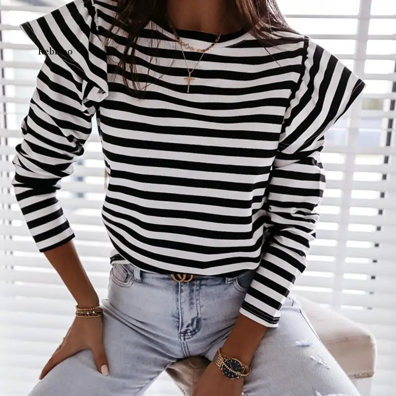 

Women Striped Shirt Sexy Long Sleeve Top Party Round Neck Ruffle Woman Clothes Womens Tops and Blouses Autumn Female Shirt