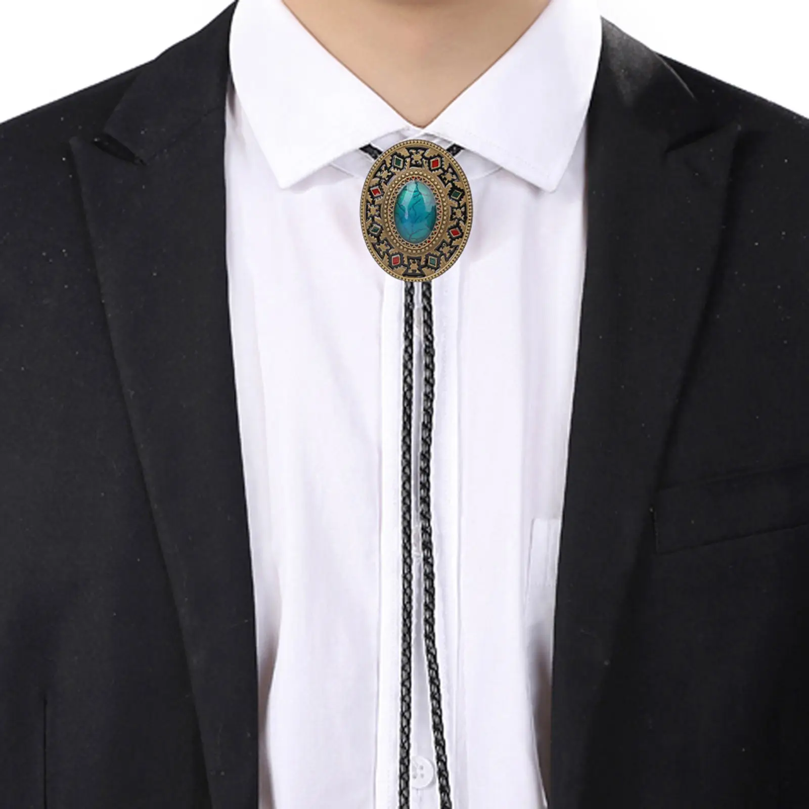 

Blue Natural Turquoise Enamel Pattern Bolo Tie Western Cowboy Vintage Handmade