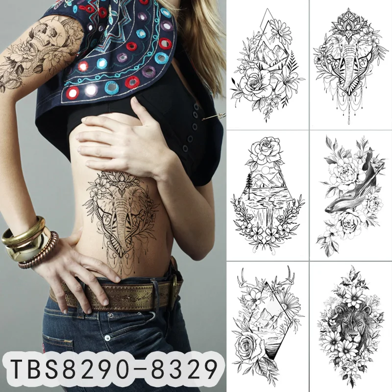 

Black Flowers Animal Arm Temporary Tattoo Stickers Sexy Body Art Body Paint Waterproof Realistic Fake Black FlowerTattoos