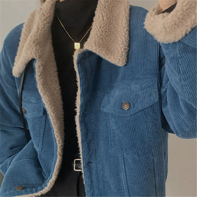 

Corduroy Jacket Women 2020 Autumn Winter Thick Warm Lambswool Jackets Basic Coat Female Fashion Lapel Pocket Loose Outerwear