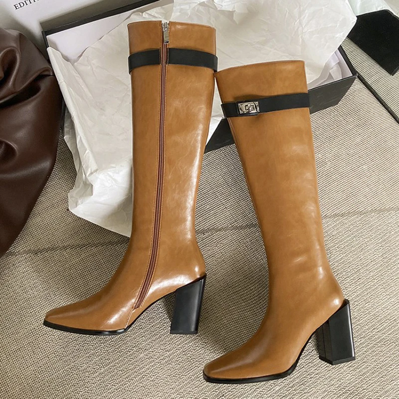 

2020 Silver Lock Knee Boots Women Square Toe Brown Black Leather High Heel Botas Femme Fashion Knight Boots