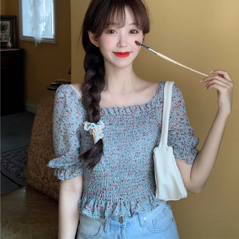 

ETOSELL Women Floral Print Chiffon Shirts Top Square Collar Sweet Short Sleeve Blouses