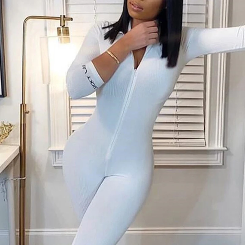 

Ribbed Turtleneck Sport Wear Casual Jumpsuit Women Letters Embroidery Skinny Sexy Playsuit Women Fitness Women Rompers