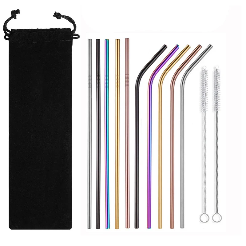 304 Stainless Steel Straws Reusable Metal Drinking Straw with Cleaner Brush for Tumblers Party Bar Accessories