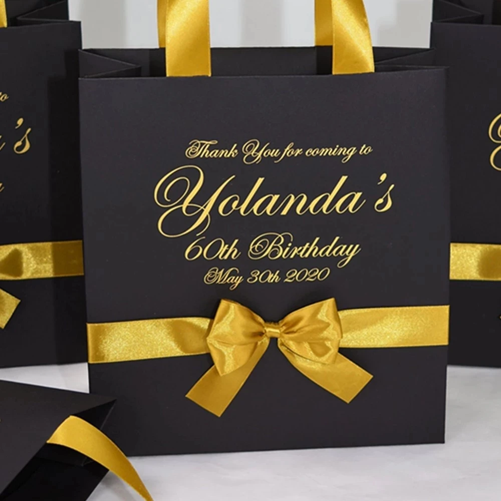 

Personalized Birthday Party Favor Bags with satin ribbon bow and name, Elegant Black & Gold 50th Anniversary gifts for guests