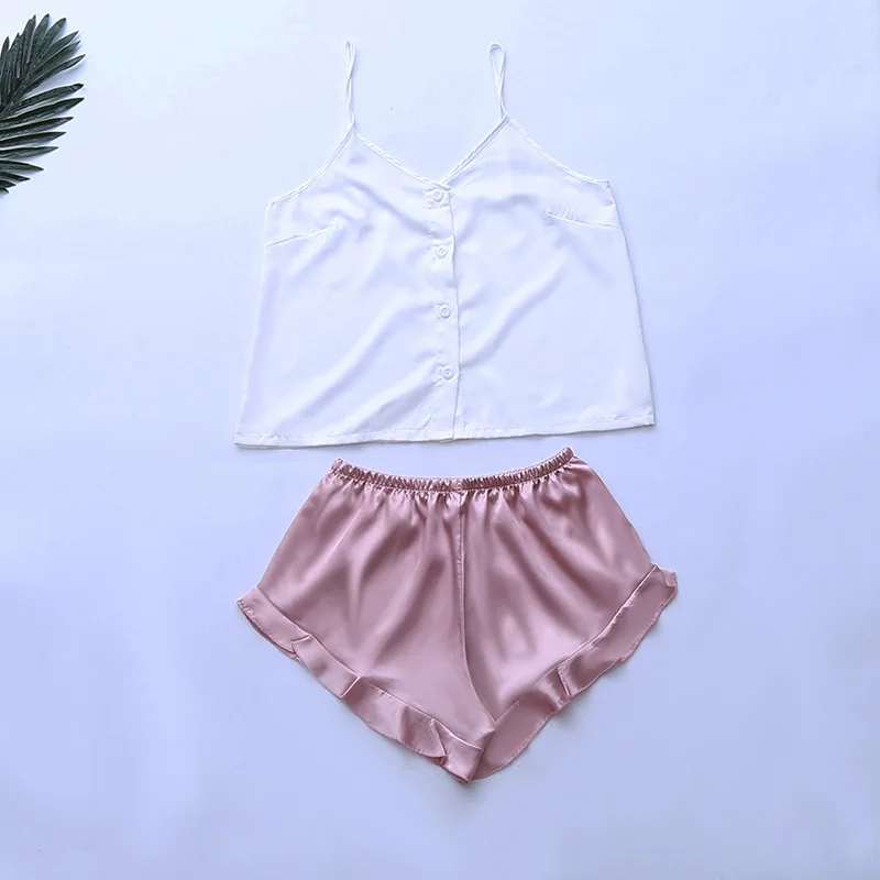

2021 Pajamas Women Summer Silk Two-piece Camisoles Shorts New Thin Silk Sexy Pajamas Women Comfortable Women Home Wear