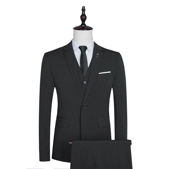 Black Blue Brown Striped 3 Piece Business  Men Brand Trousers Suits Wedding Groom Tuxedo Blazer Pant Vest Men's Slim Suite