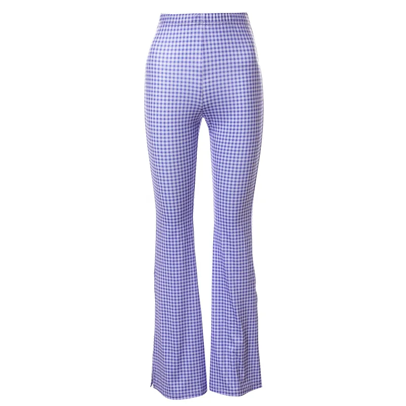 

Women's Pants Summer High Waist Purple Plaid Flared Pants Casual Office Lady Wide Leg Pants Korean Fashion Harajuku Pants Women
