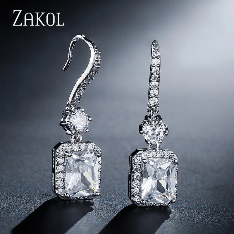 ZAKOL, модные цирконы, высокое качество, кубический циркон, Висячие Крючки, серьги, большой квадратный камень, ювелирные изделия для свадебного подарка, аксессуары FSEP2047 - Окраска металла: White