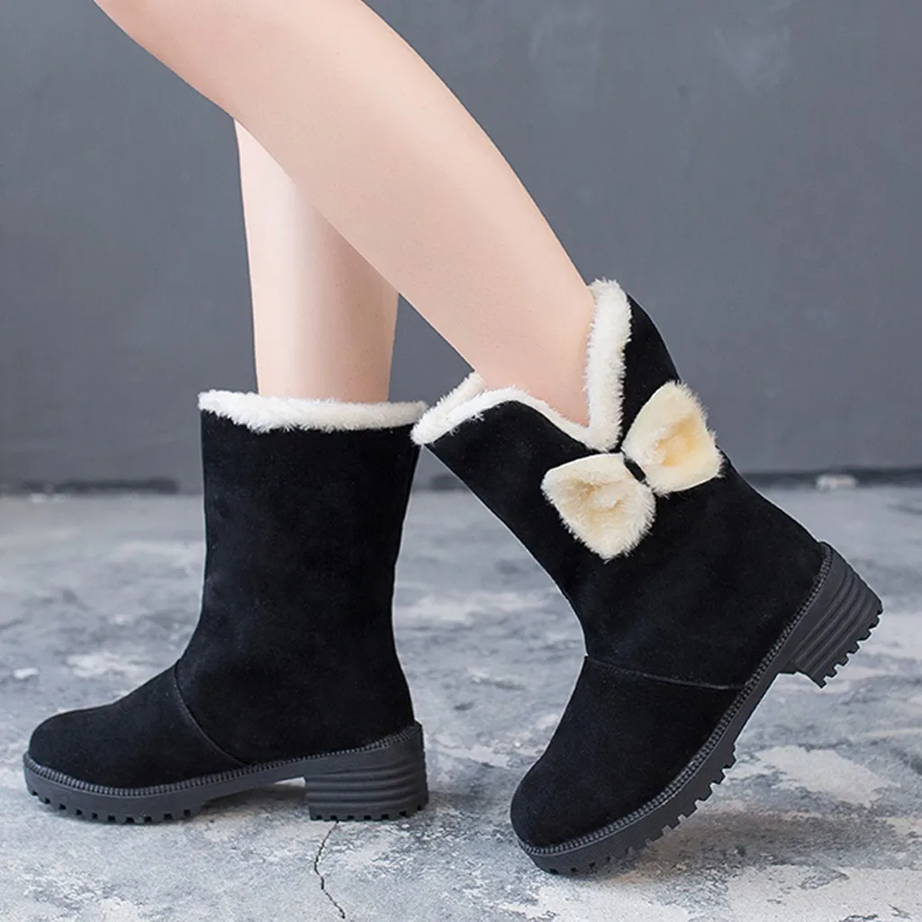2019 женские зимние ботинки с круглым носком замшевые бантом Теплые ботильоны