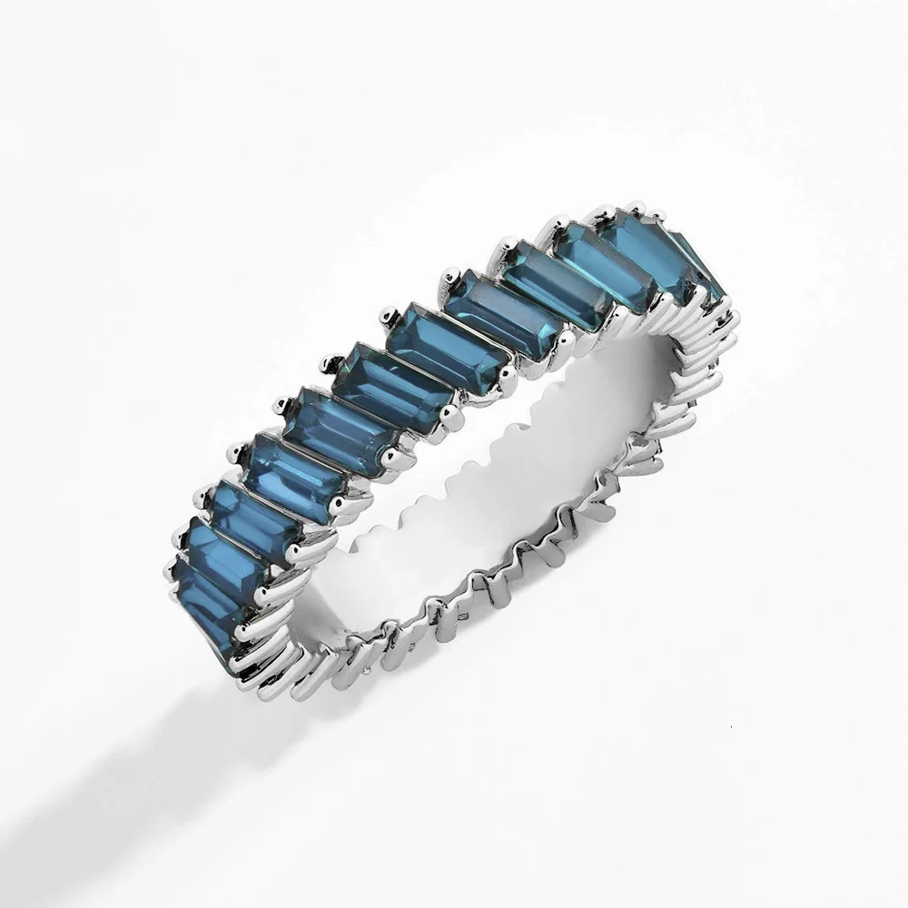 Silver Dark Blue Новое Женское кольцо с радужным фианитом в стиле бохо, цвета: золото, серебро, багет, кубический цирконий, обручальное кольцо вечности - Цвет основного камня: Silver Dark Blue