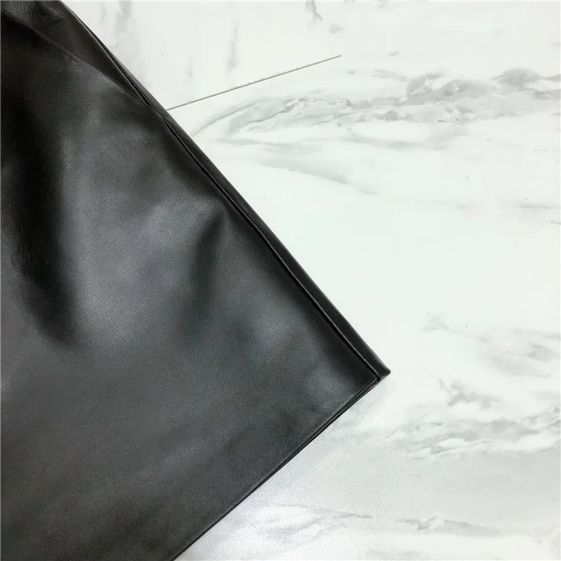 

Streetwear Lace Up Ribbons 100% Genuine Leather Shorts Female Fashion Zipper Sheepskin Wide Leg Shorts High Waits Skirt Shorts