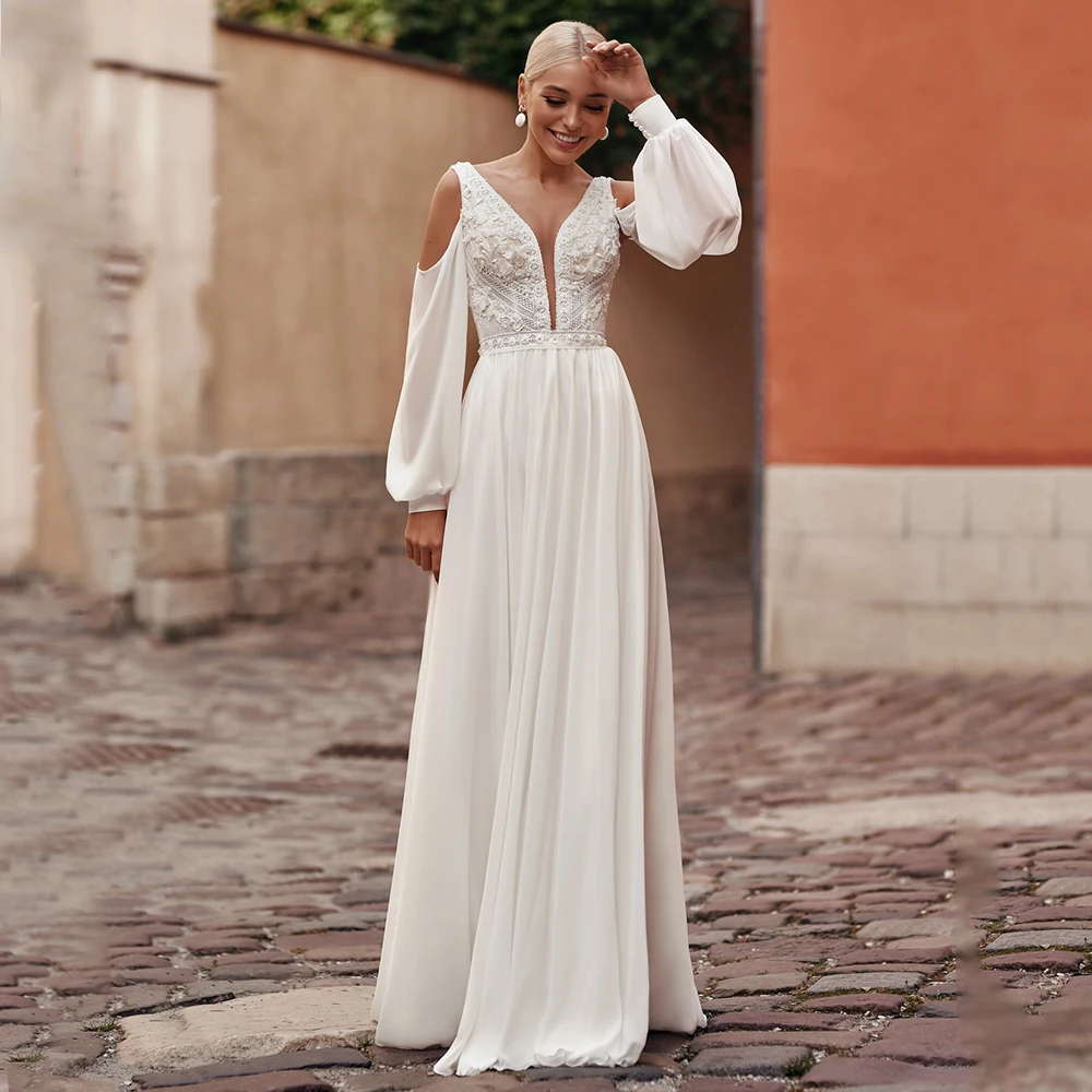 

Elegant A-Line Wedding Dress Custom Made V-Neck Long Sleeve Lace Up Applique Sweep Train 2021 Bridal Gowns