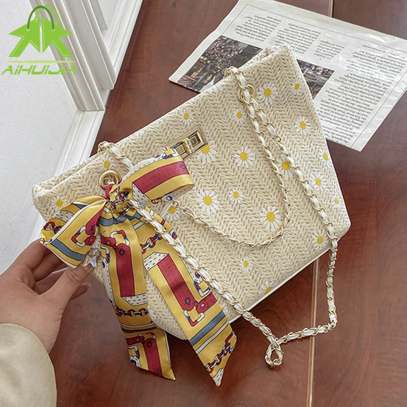 

Fashion Straw Ribbon Design Women Shoulder Bags Bohemian Daisy Messenger Bag 2021 New Beach Bag High Capacity Womens Tote Bag