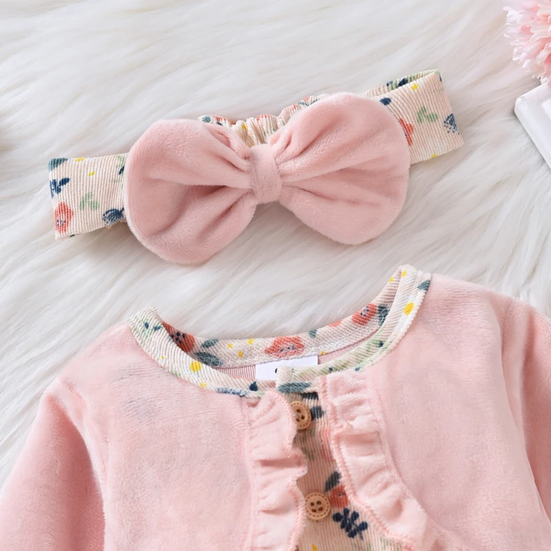 Newborn Girl Casual Romper Outfits Long Sleeve Floral Printed Patchwork Dress Style Playsuit + Bow-Knot Decor Headband Set | Детская