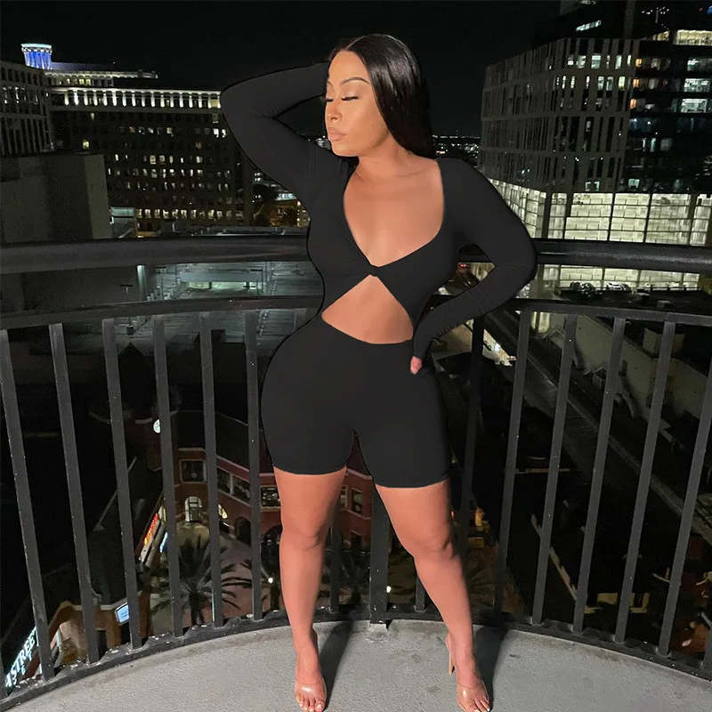 

CIBBAR Casual Solid Hollow Out Playsuits Women Summer Long Sleeve Biker Short Rompers Elgant Fitness Jumpsuits Skinny Sport Wear