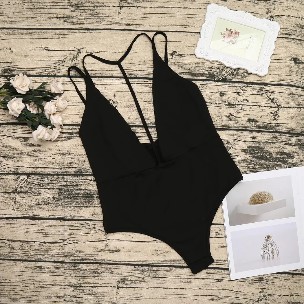 Women Sexy Solid Halter Neck Slings None Sleeveless One-Piece Swimsuit Summer Black Beachwear |